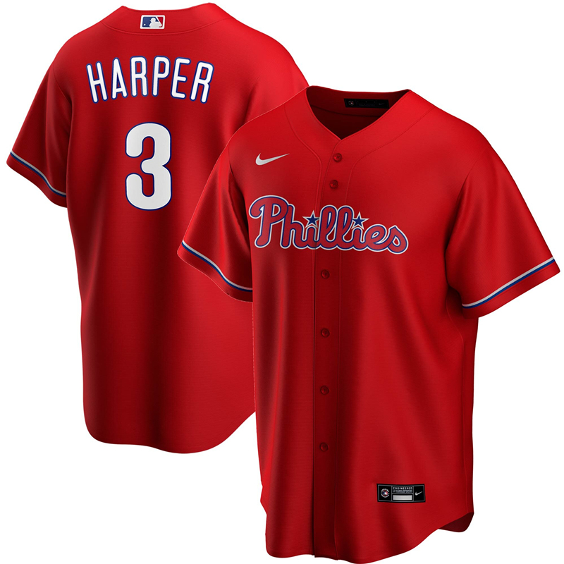 2020 MLB Men Philadelphia Phillies #3 Bryce Harper Nike Red Alternate 2020 Replica Player Jersey 1